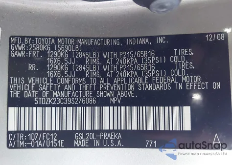 2009 Toyota Sienna Le z USA, uszkodzony, nr VIN 5TDZK23C39S276086